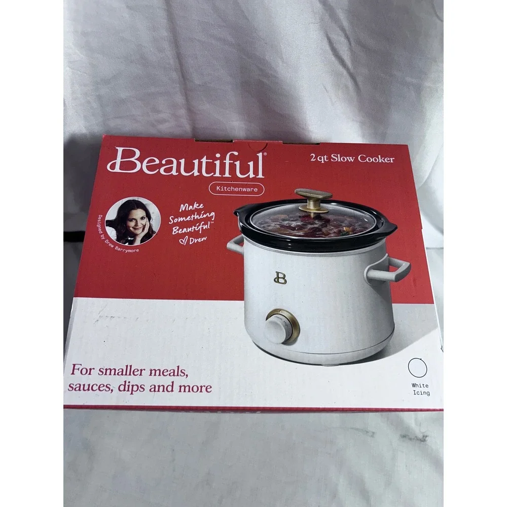 Beautiful Slow Cooker 2qt White Icing Gold Accents Drew Barrymore Kitchenware